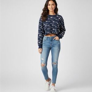 Champion All-Over Logo Print Cropped Crewneck Sweatshirt - Navy Blue